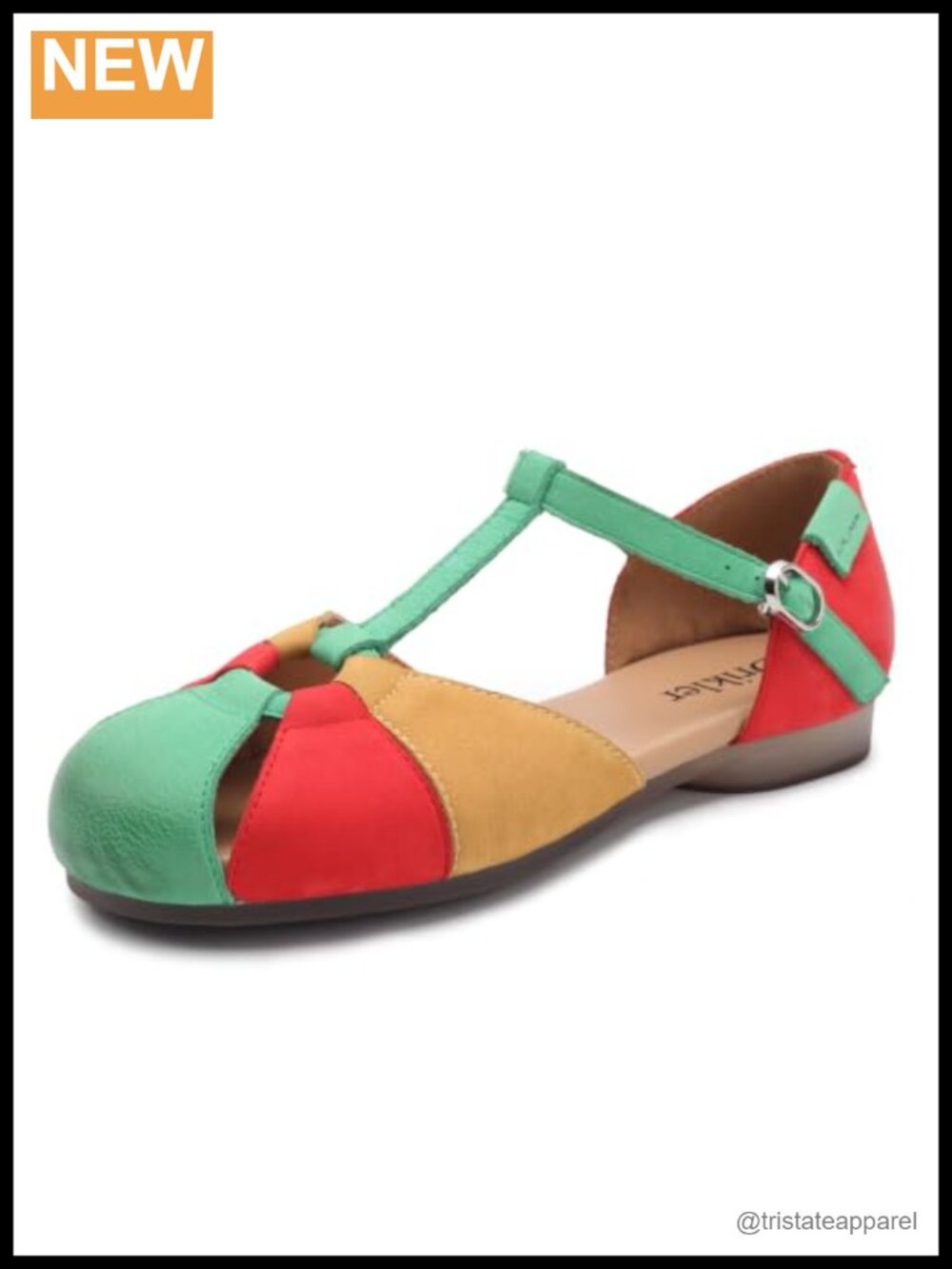 Drikler Cow Leather Low Heel T-Strap Flat Sandals Closed Toe Adjustable Summer